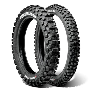 Two off-road dirt bike tires with 'FOXHILLS GP' branding on a white background