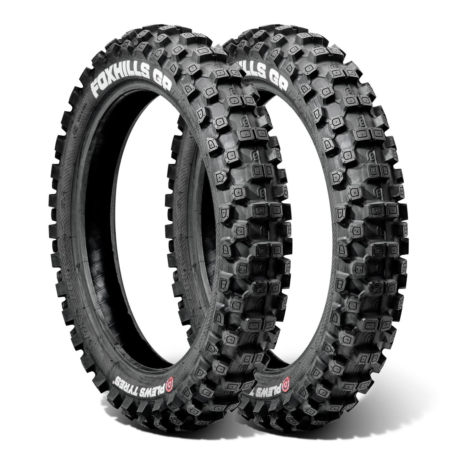 Two Plews off-road dirt bike tires with knobby tread pattern on a white background