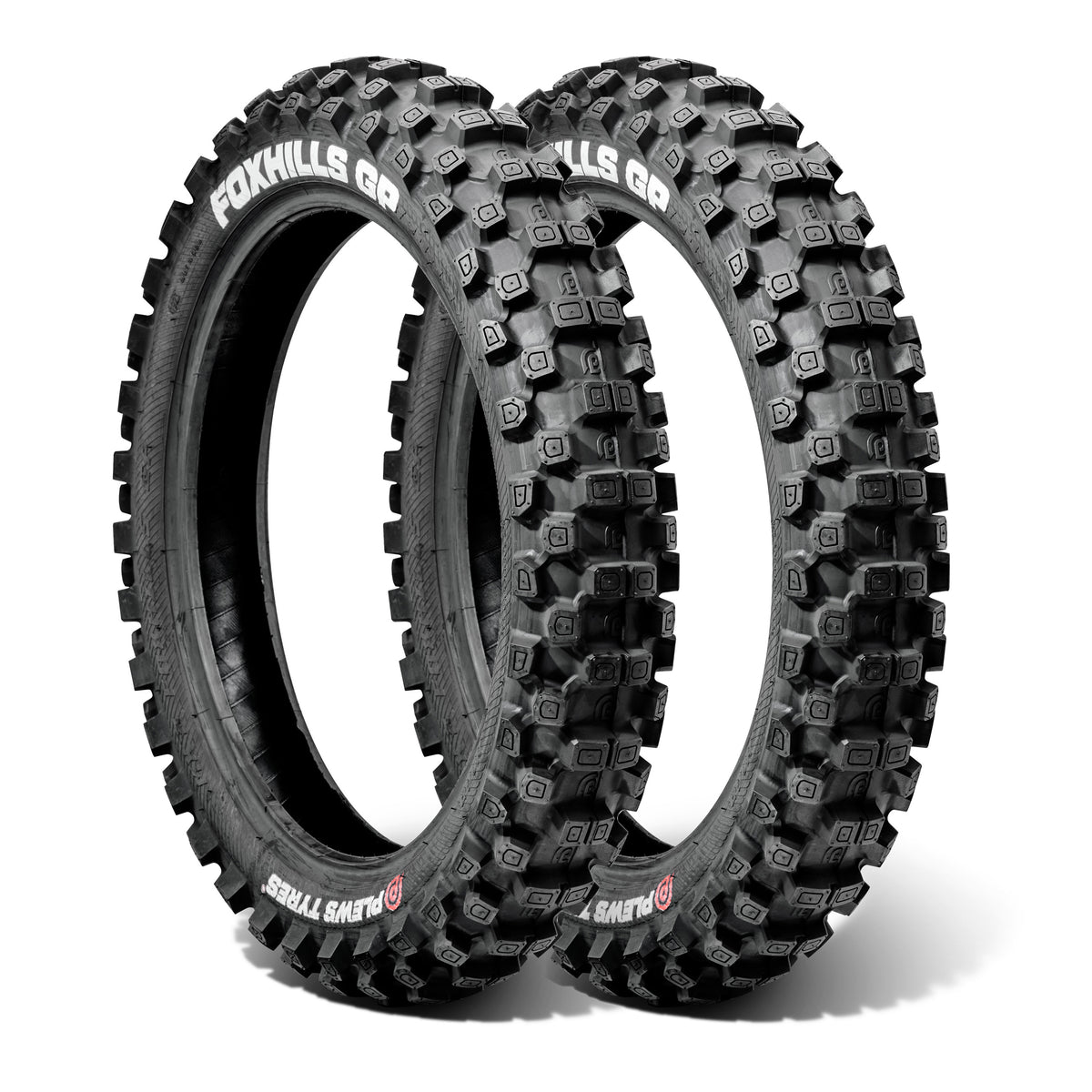 Two Plews off-road dirt bike tires with knobby tread pattern on a white background