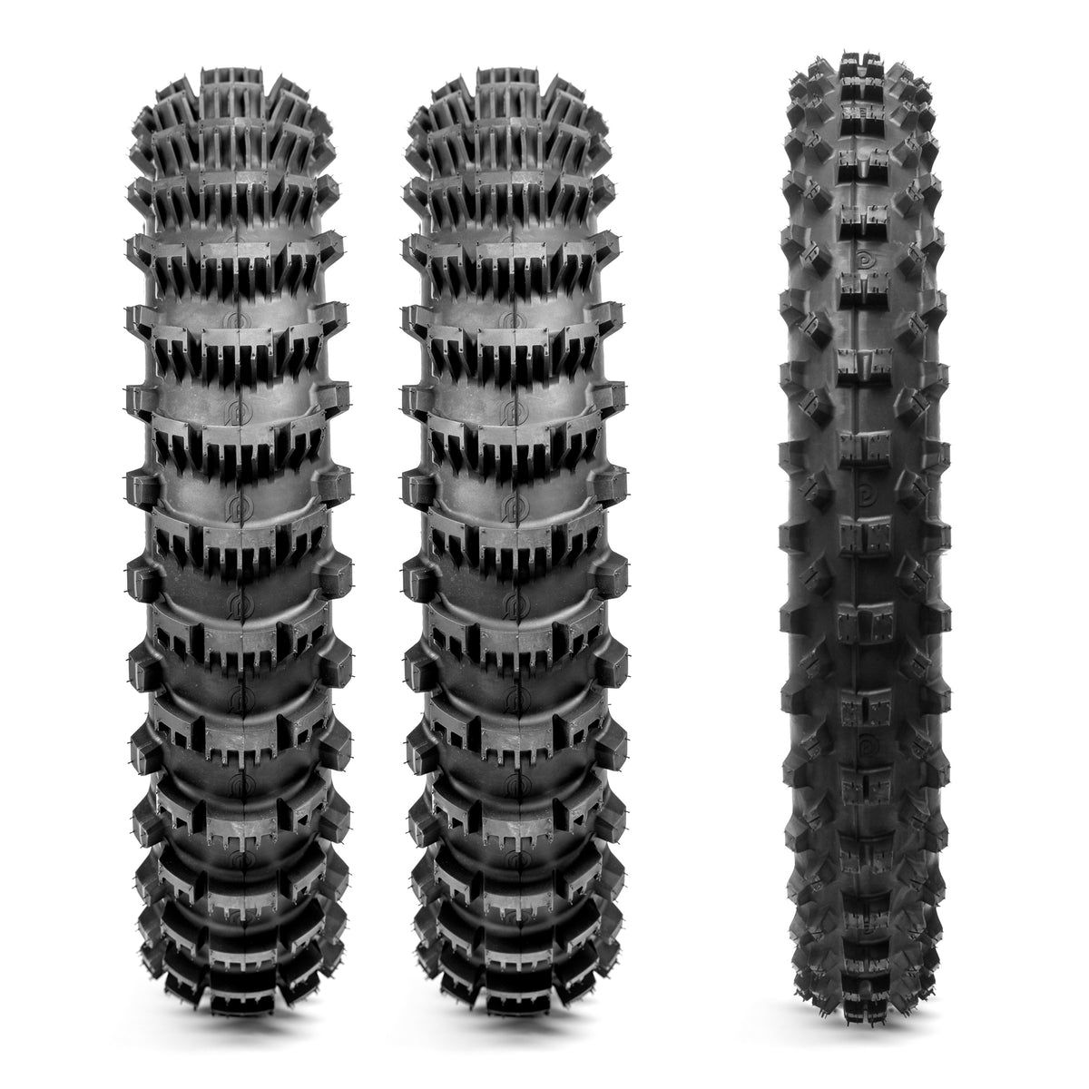 Three off-road dirt bike tires with tread patterns on a white background